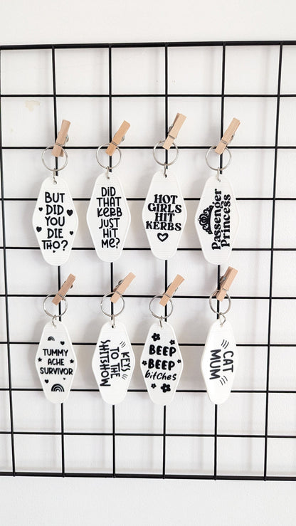 Funny Quote Motel Comedy Car Keyring Keychain, Inspirational Quote, New Driver, Hilarious Gift Monochrome